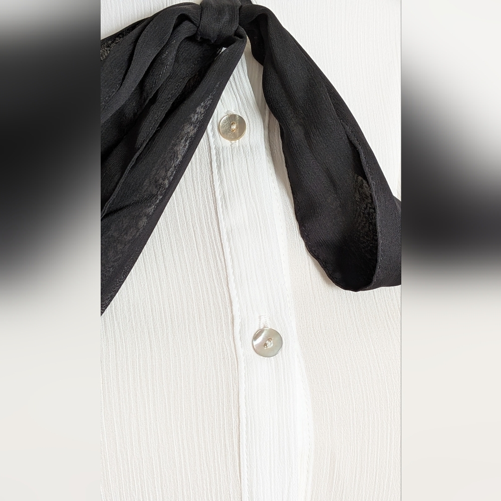 NWT Zara White Button up Ruffle Sleeve Blouse with Black Neck Tie XS - Picture 4 of 8